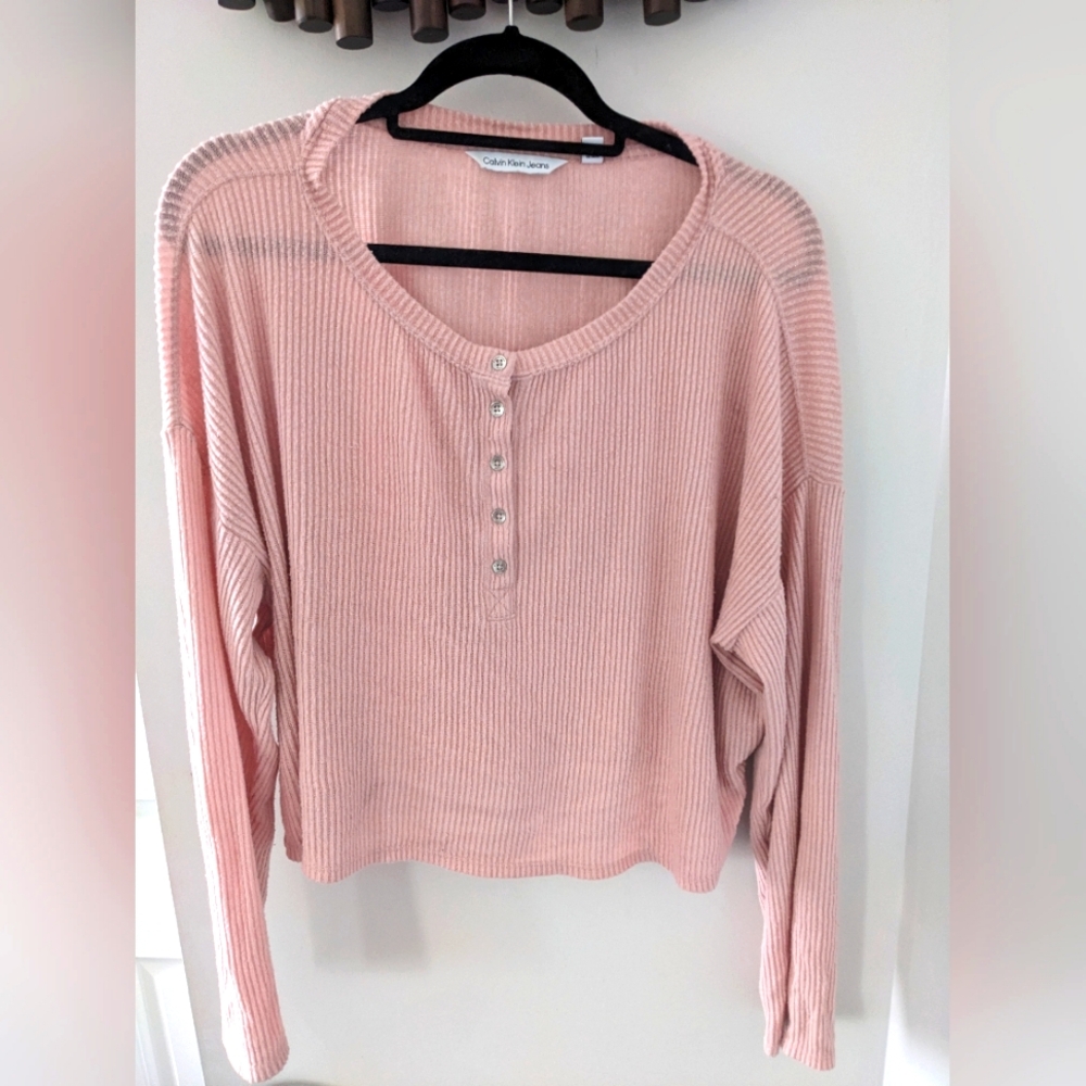 Calvin Klein Women's Pink Ribbed Henley Button-Up Long Sleeve Top - Size US M